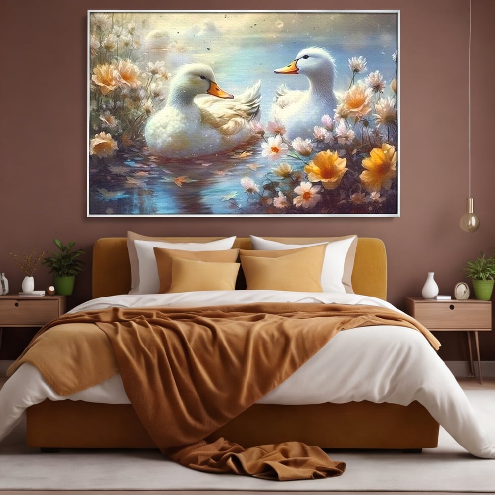 Tablou canvas cu tablou canvas cu rate pe lac, in rama de aluminiu argintiu, pe perete intr-un dormitor